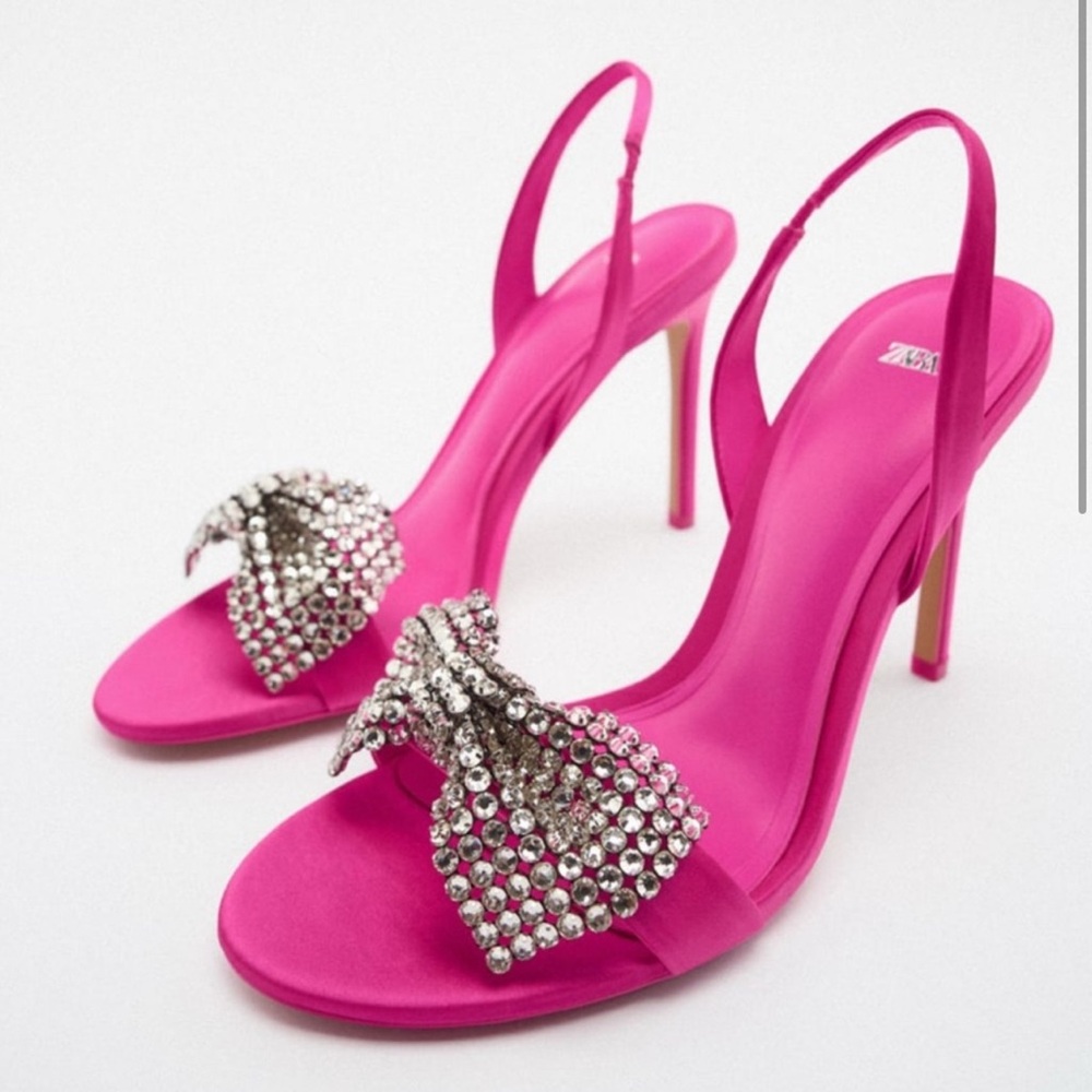 Zara Fuchsia Embellished Bow High Heel Slingbacks
